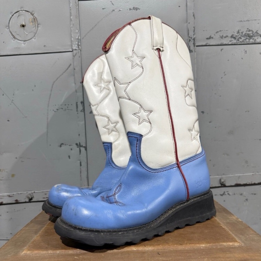John Fluevog - Blue and White Cowboy Boots with Star Design